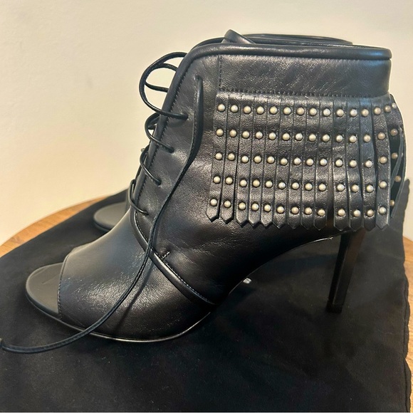 Saint Laurent NWT Black Leather Studded Fringe Open Toe Lace Up Booties Size 35 - Picture 6 of 10